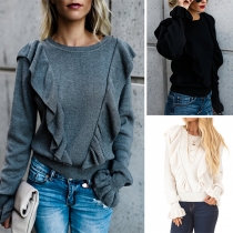 Fashion Solid Color Long Sleeve Round Neck Ruffle T-shirt