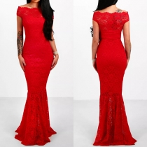 Sexy Off-shoulder Boat Neck Short Sleeve Slim Fit Lace Party Dress