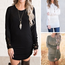 Fashion Solid Color Lace Spliced Long Sleeve Round Neck T-shirt Dress