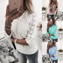 Fashion Lace Spliced 3/4 Sleeve Round Neck Solid Color Top 