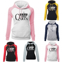 Fashion Contrast Color Long Sleeve Crown Printed Hoodie 