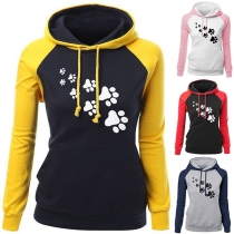 Fashion Contrast Color Long Sleeve Slim Fit Paws Printed Hoodie 
