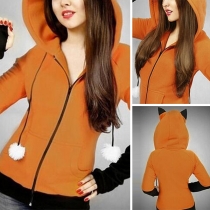 Fashion Contrast Color Long Sleeve Hairball Spliced Hooded Sweatshirt Coat