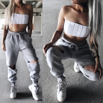 Fashion Solid Color Elastic Waist Ripped Casual Sports Pants