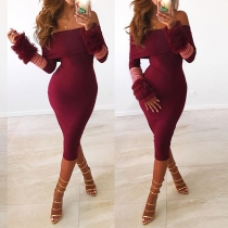 Sexy Off-shoulder Boat Neck Plush Spliced Long Sleeve Tight Dress