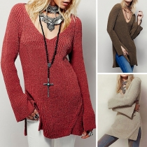 Sexy Backless Long Sleeve V-neck Slit Hem Solid Color Sweater