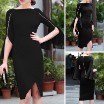 Elegant Solid Color Slit Trumpet Sleeve Round Neck Slim Fit Dress