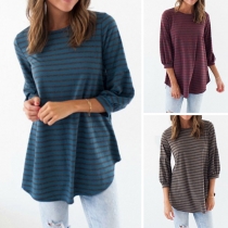 Fashion 3/4 Sleeve Round Neck Striped T-shirt