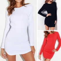 Sexy Chain Spliced Backless Long Sleeve Solid Color Tight Dress