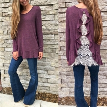 Sexy Lace Spliced Long Sleeve Round Neck Ruffle T-shirt 