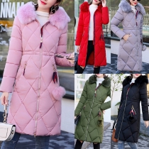 Fashion Solid Color Faux Fur Spliced Hooded Knee-length Padded Coat