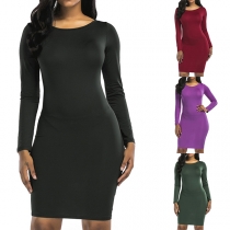 Sexy Backless Long Sleeve Solid Color Tight Dress