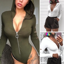 Sexy Hollow Out Long Sleeve Solid Color Hooded Bodysuit