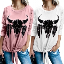 Fashion Long Sleeve Round Neck Knotted Hem Printed T-shirt