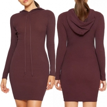 Fashion Solid Color Long Sleeve Slim Fit Hooded Dress