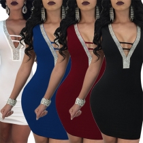Sexy Backless Deep V-neck Sleeveless Rhinestone Spliced Tight Dress