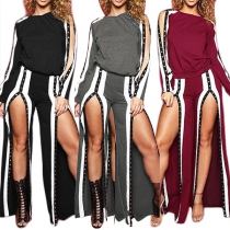 Sexy Slit Long Sleeve Top + High Slit Hem Wide-leg Pants Two-piece Set 