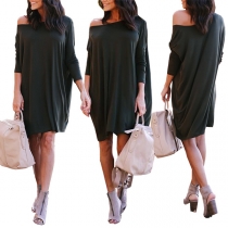Sexy Oblique Shoulder 3/4 Sleeve Solid Color Loose Dress