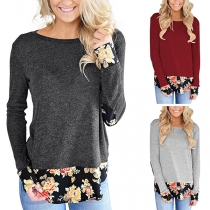 Fashion Printed Spliced Long Sleeve Round Neck T-shirt