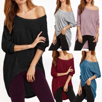 Sexy Off-shoulder Long Sleeve High-low Hem Solid Color T-shirt