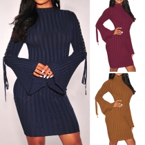Sexy Lace-up Trumpet Sleeve Round Neck Slim Fit Dress