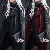 Fashion PU Leather Spliced Long Sleeve Side-zipper Overcoat