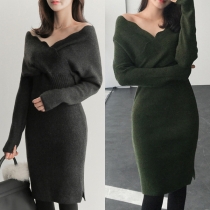 Elegant Solid Color Long Sleeve V-neck High Waist Slim Fit Knit Dress