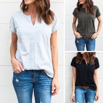 Simple Style Short Sleeve V-neck Casual T-shirt 