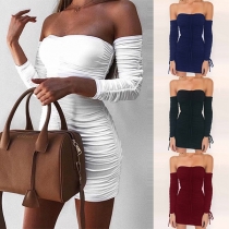 Sexy Off-shoulder Long Sleeve Solid Color Mini Tight Dress