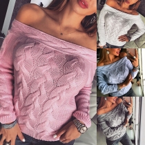 Sexy Off-shoulder Boat Neck Long Sleeve Solid Color Sweater