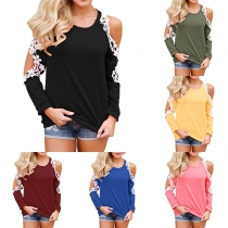 Sexy Off-shoulder Lace Spliced Long Sleeve Round Neck T-shirt 