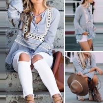 Fashion Lace Spliced Long Sleeve V-neck Loose Blouse