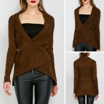 Chic Style Crossover V-neck Irregular Hem Solid Color Knit Top 