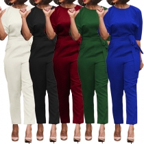 Sexy Backless Half Sleeve Round Neck High Waist Solid Color Jumpsuit