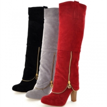 Fashion Solid Color Thick Heel Round Toe Knee-length Boots