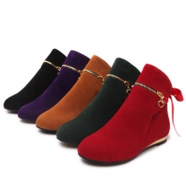 Fashion Solid Color Flat Heel Round Toe Lace-up Bowknot Ankle Boots