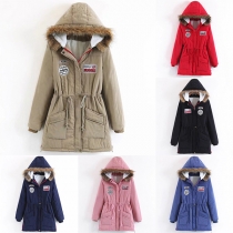 Fashion Solid Color Long Sleeve Drawstring Waist Hooded Padded Coat
