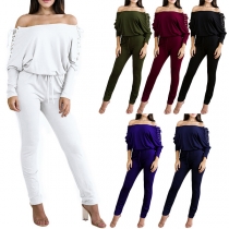 Sexy Off-shoulder Boat Neck Lace-up Long Sleeve Solid Color Jumpsuit