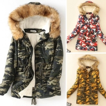 Fashion Camouflage Printed Faux Fur Spliced Hooded Padded Coat 