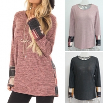 Fashion Plaid Spliced Long Sleeve Round Neck T-shirt 