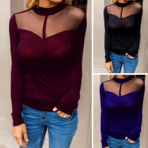 Sexy See-through Gauze Spliced Long Sleeve Solid Color T-shirt 