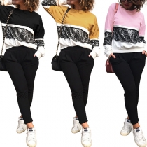Fashion Contrast Color Long Sleeve Round Neck Lace Spliced T-shirt 