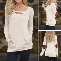 Fashion Patch Spliced Long Sleeve Round Neck T-shirt
