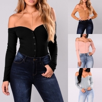 Sexy Off-shoulder Boat Neck Long Sleeve Solid Color Bodysuit