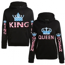 Fashion Letters Crown Printed Long Sleeve Couple Hoodie 