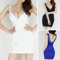Sexy Backless Deep V-neck Sleeveless Rhinestone Inlaid Tight Dress