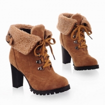 Fashion High-heeled Round Toe Plush Lining Lace-up Ankle Boots