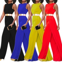 Elegant Solid Color Sleeveless Round Neck High Waist Jumpsuit