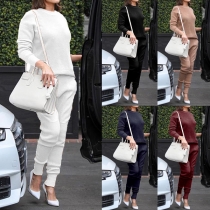 Fashion Solid Color Long Sleeve Round Neck Top + Pants Knit Two-piece Set
