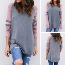 Fashion Contrast Color Long Sleeve Round Neck Casual T-shirt